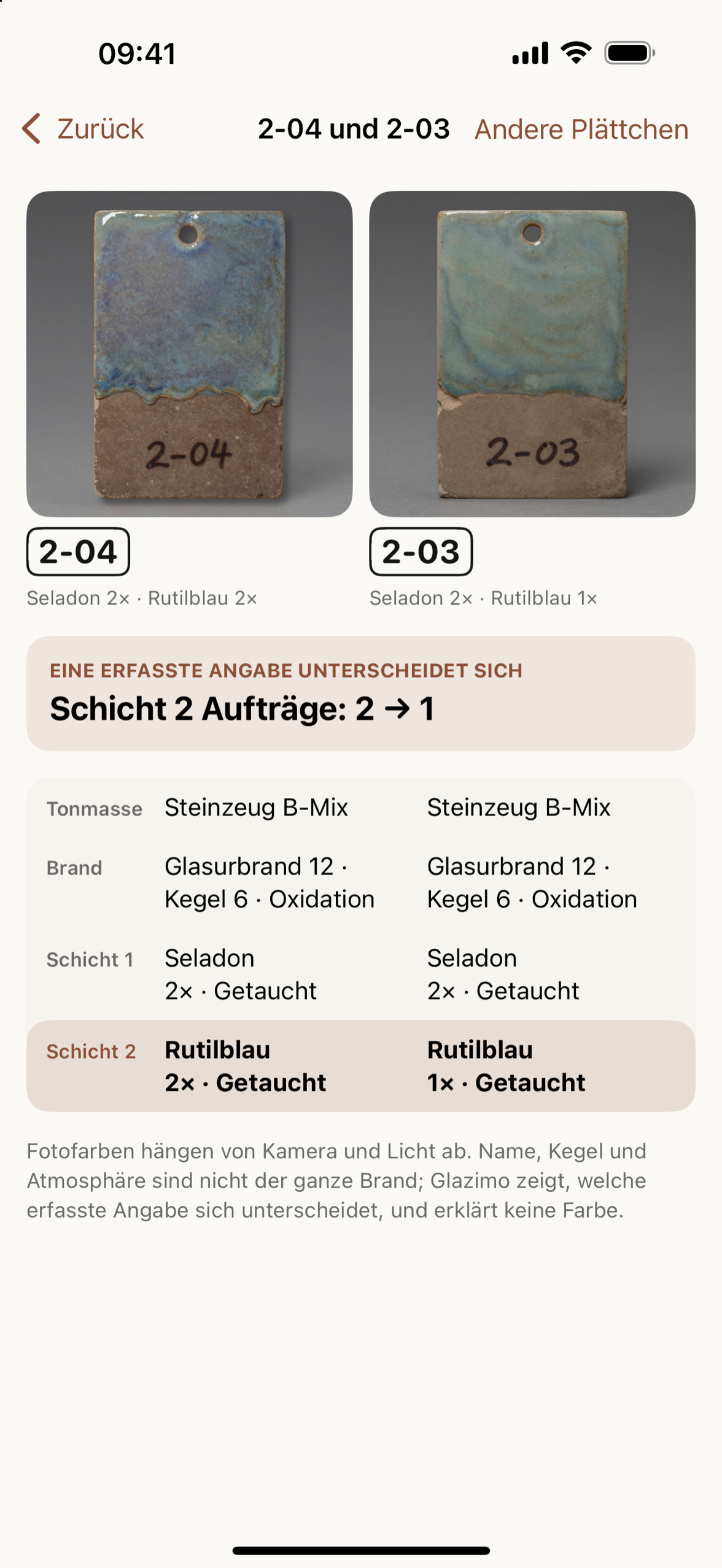 Plättchen 2-04 und 2-03 mit einem erfassten Unterschied