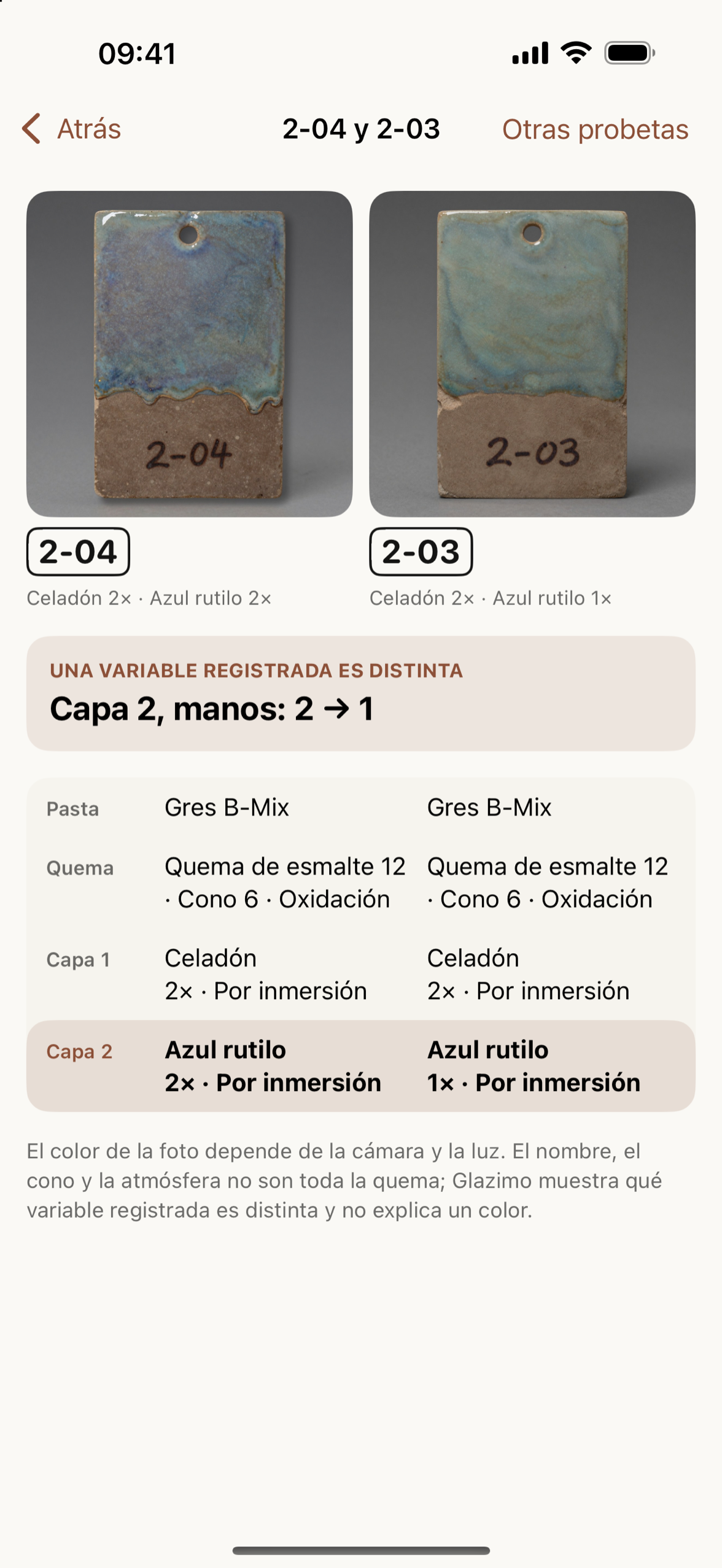 Probetas 2-04 y 2-03 con una diferencia registrada