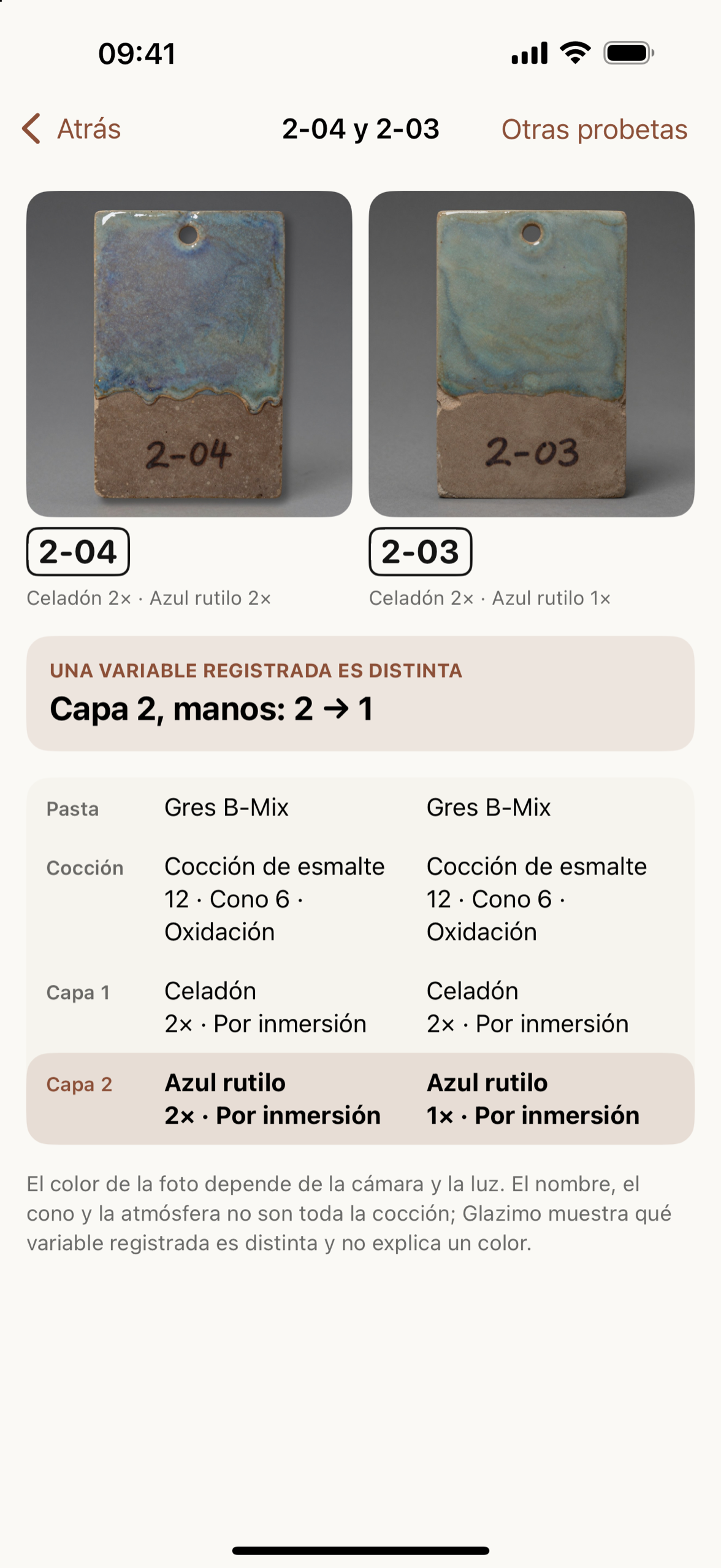 Probetas 2-04 y 2-03 con una diferencia registrada