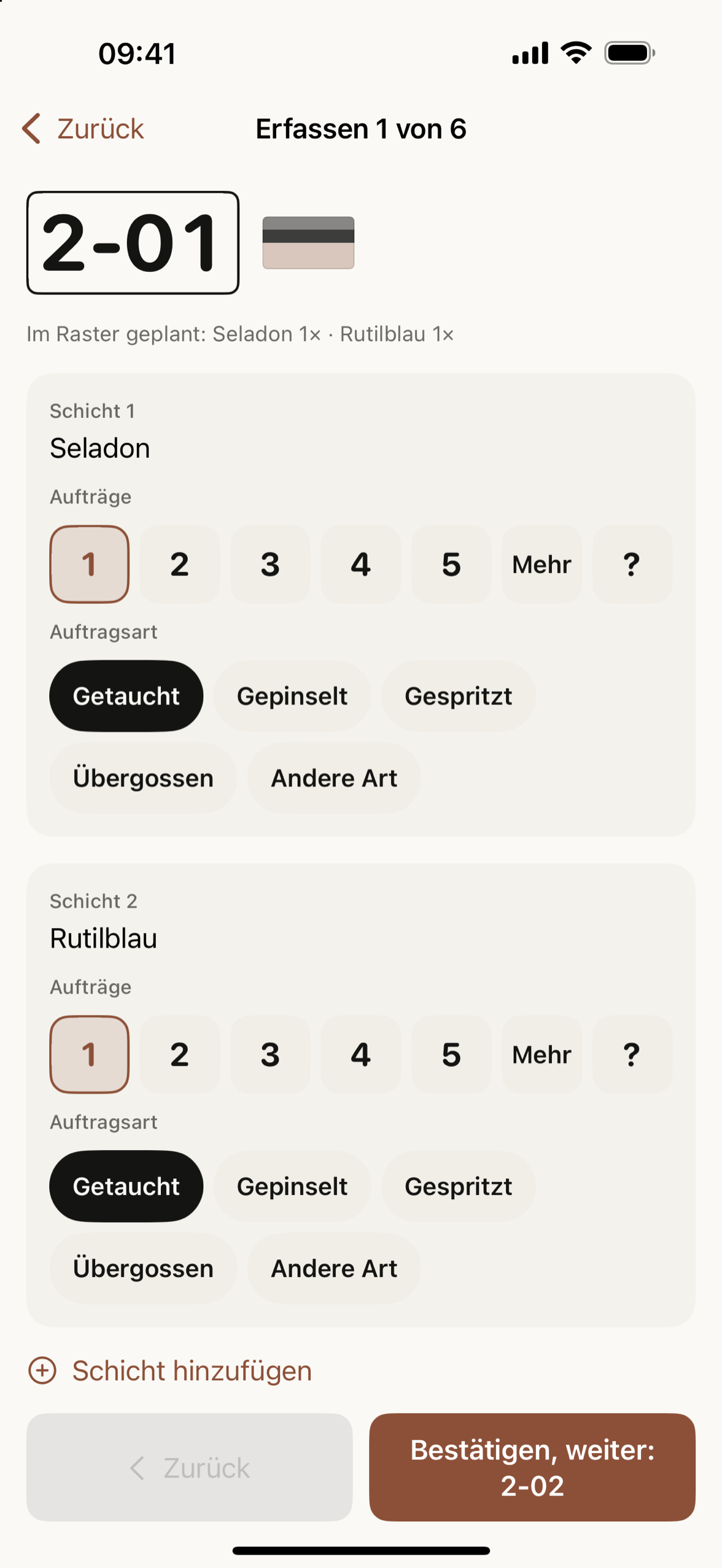 Plättchen 2-01 wird erfasst, Schicht für Schicht