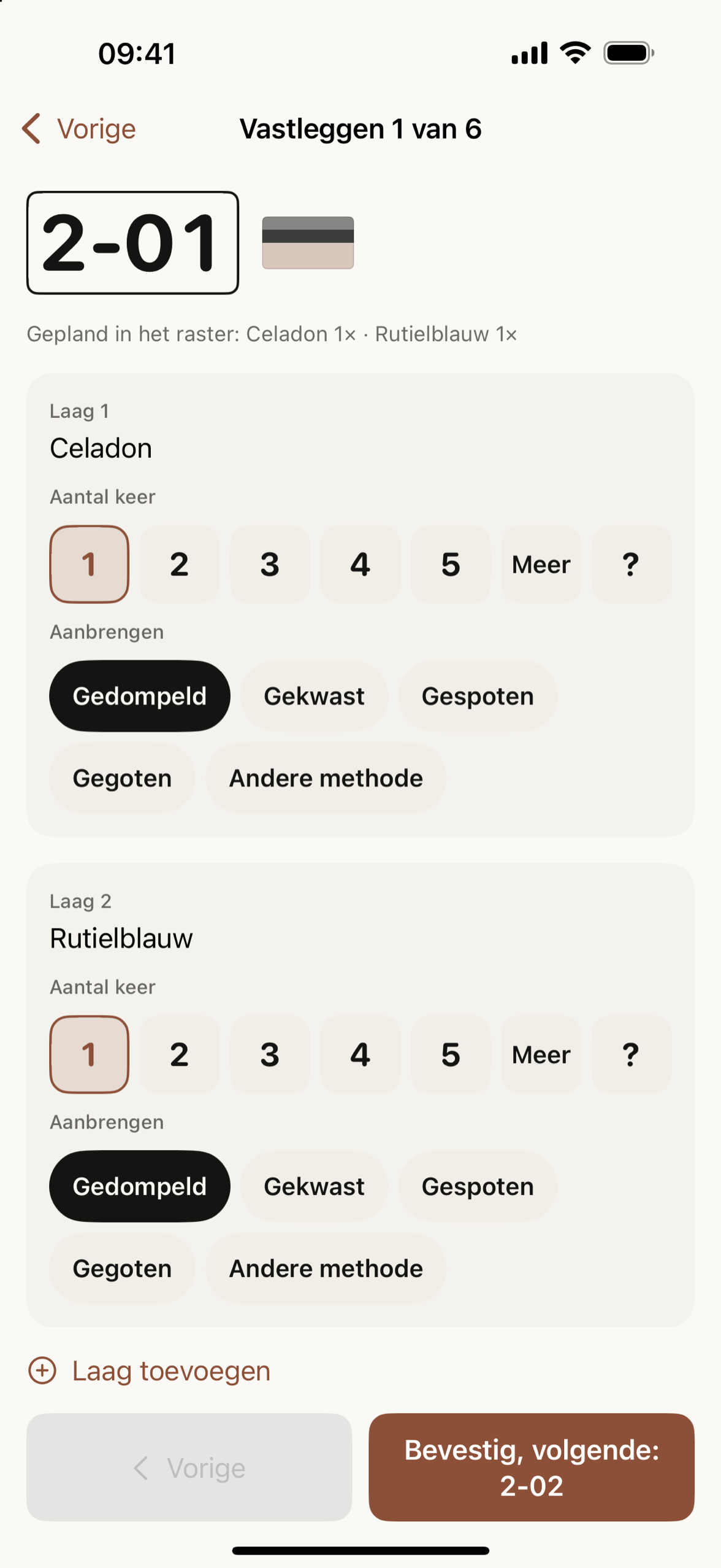 Tegel 2-01 vastleggen, laag voor laag
